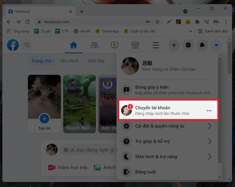 Chuyển đổi tài khoản Facebook trên máy tính