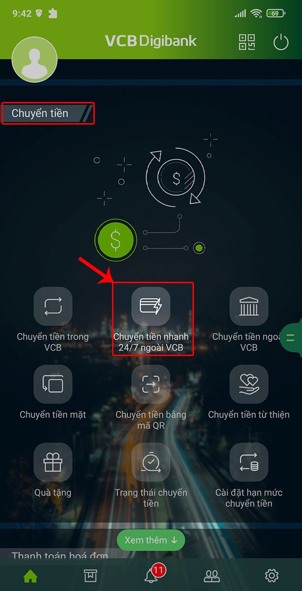 Chuyển tiền nhanh 24/7 ngoài VCB
