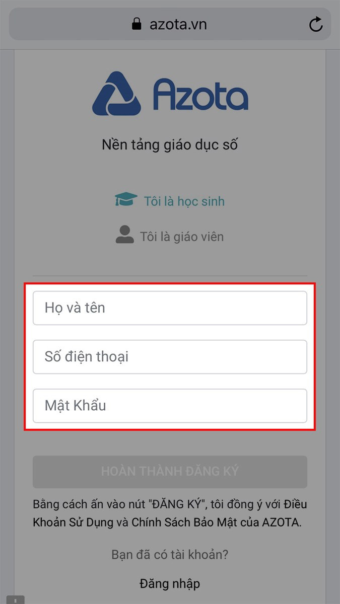 Đăng ký Azota trên điện thoại - Bước 3