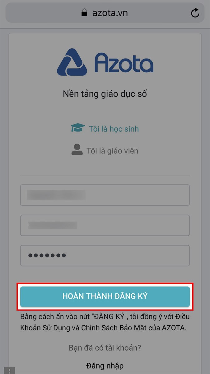 Đăng ký Azota trên điện thoại - Bước 4