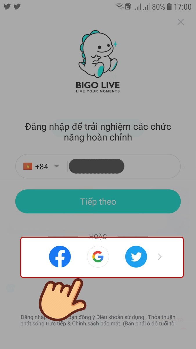 Đăng ký Bigo Live bằng mạng xã hội