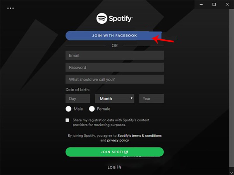 Đăng ký Spotify bằng Facebook