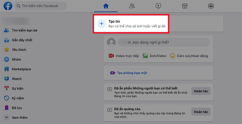 Đăng nhập vào Facebook trên máy tính và nhấn vào dấu cộng (+) trong mục "Tạo tin"