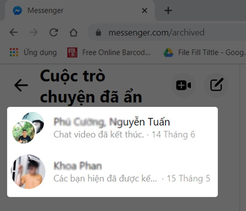 Danh sách cuộc trò chuyện được lưu trữ 