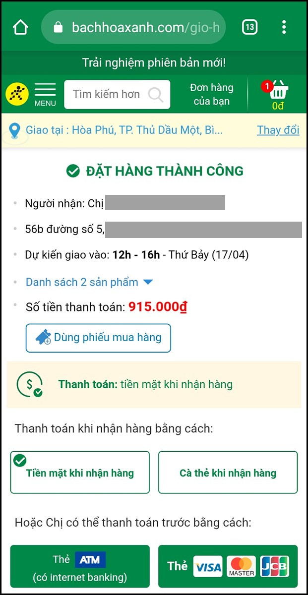 Đặt h&agrave;ng th&agrave;nh c&ocirc;ng