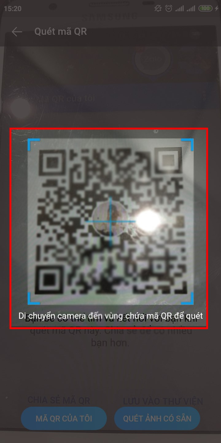 Di chuyển mã QR Zalo lọt vào khung camera