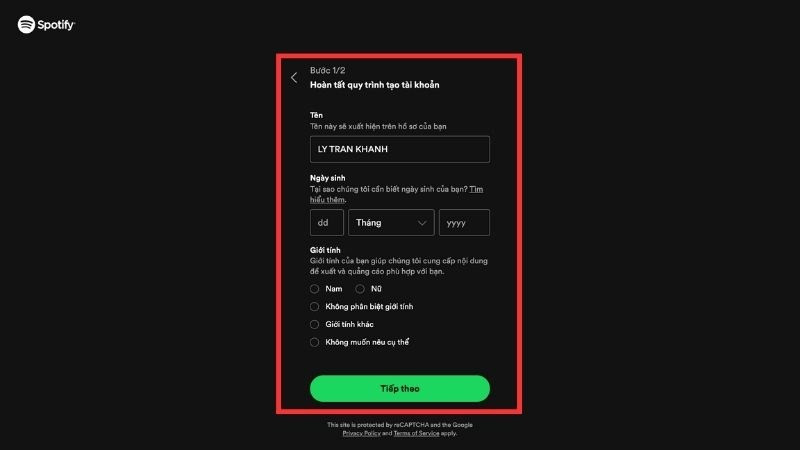 Điền thông tin đăng ký Spotify - Bước 3