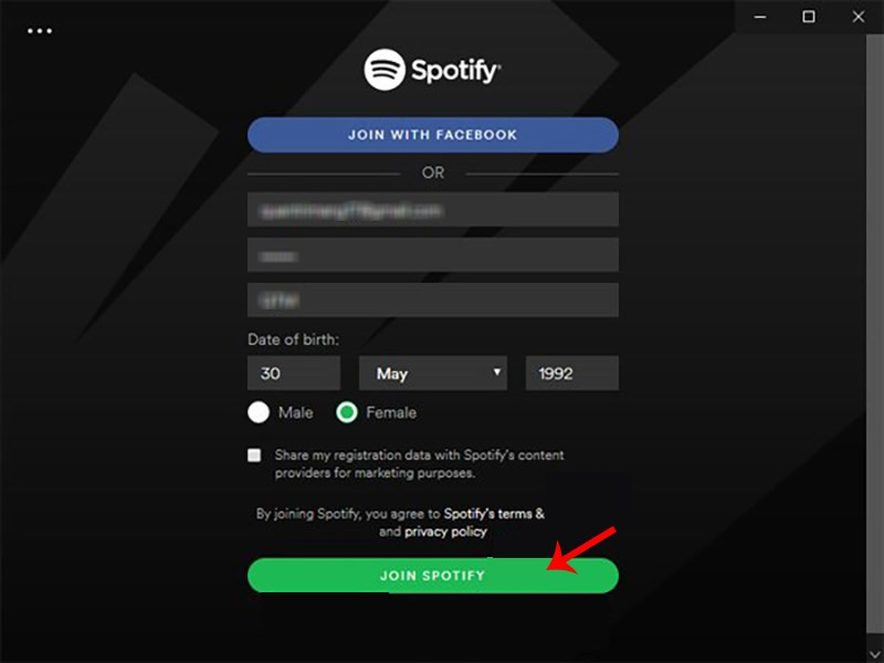 Điền thông tin đăng ký Spotify