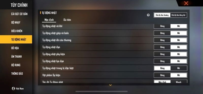 Điều chỉnh Auto Pickup trong Free Fire