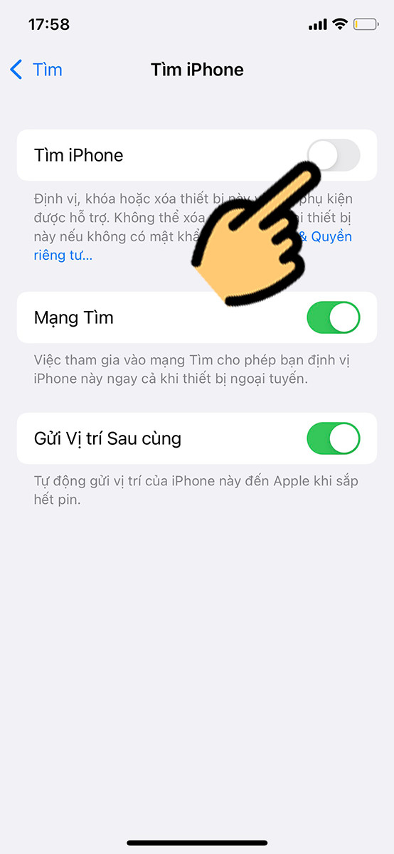 Gạt thanh trượt sang trái để tắt tính năng Tìm iPhone