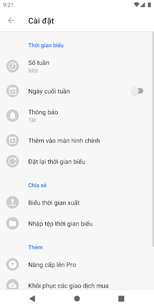 Giao diện cài đặt trên Class Timetable