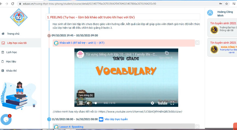 Giao diện Lớp học của tôi trên Eduso.vn