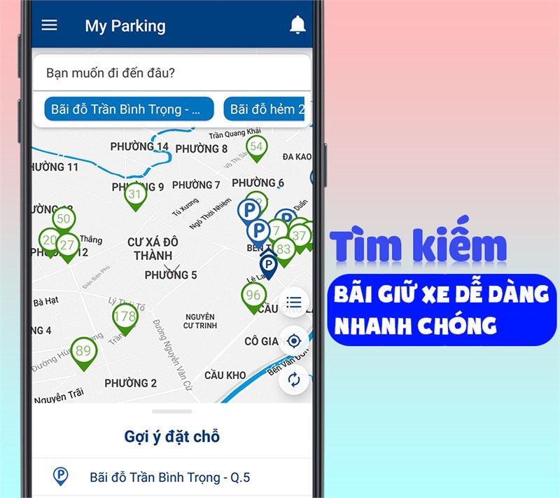 Giao diện tìm kiếm bãi đỗ xe trên MyParking