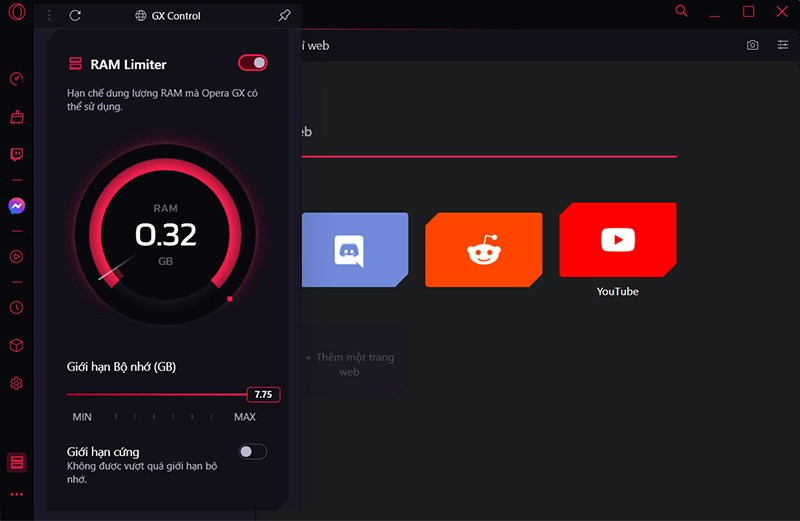 Giới hạn RAM và GPU trên Opera GX