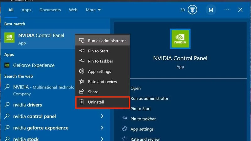 Gỡ ứng dụng Nvidia Control Panel