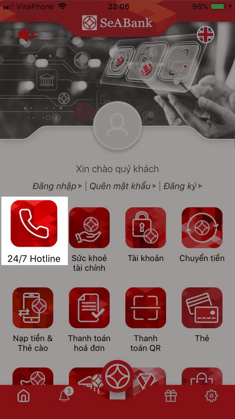 Gọi hotline SeABank trên ứng dụng SeABank Mobile