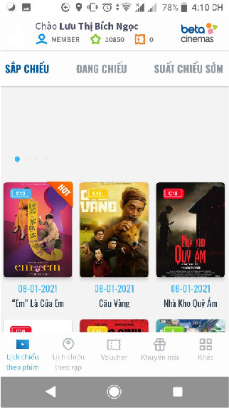 Hình ảnh giao diện đặt vé trên Beta Cineplex