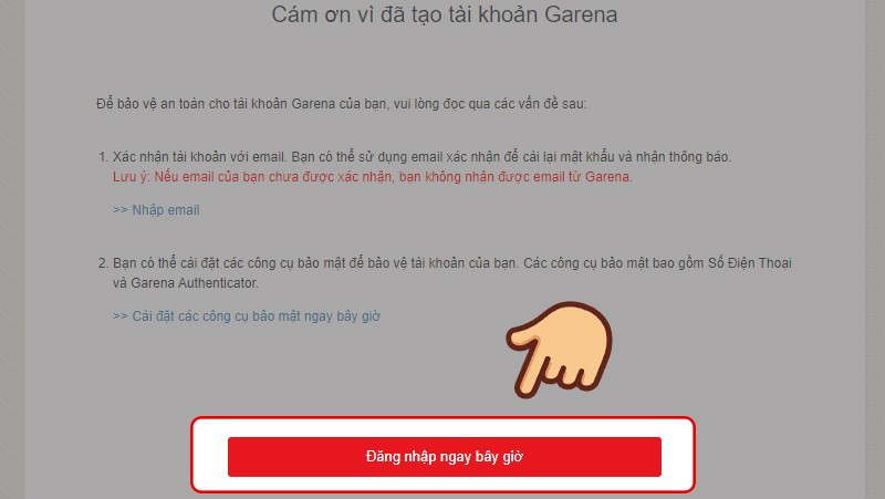 Hoàn tất đăng ký Garena