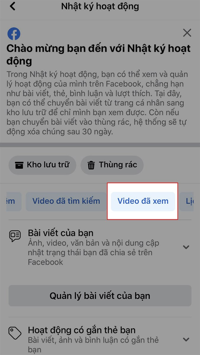 Kéo các tùy chọn sang trái, chọn Video đã xem