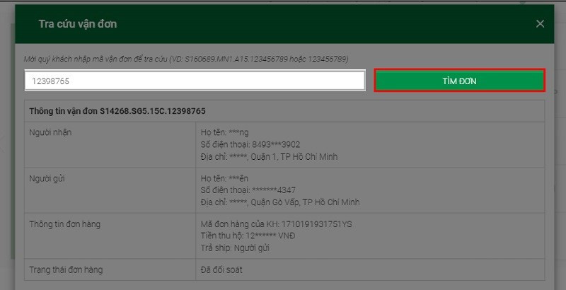 Kết quả tra cứu đơn hàng