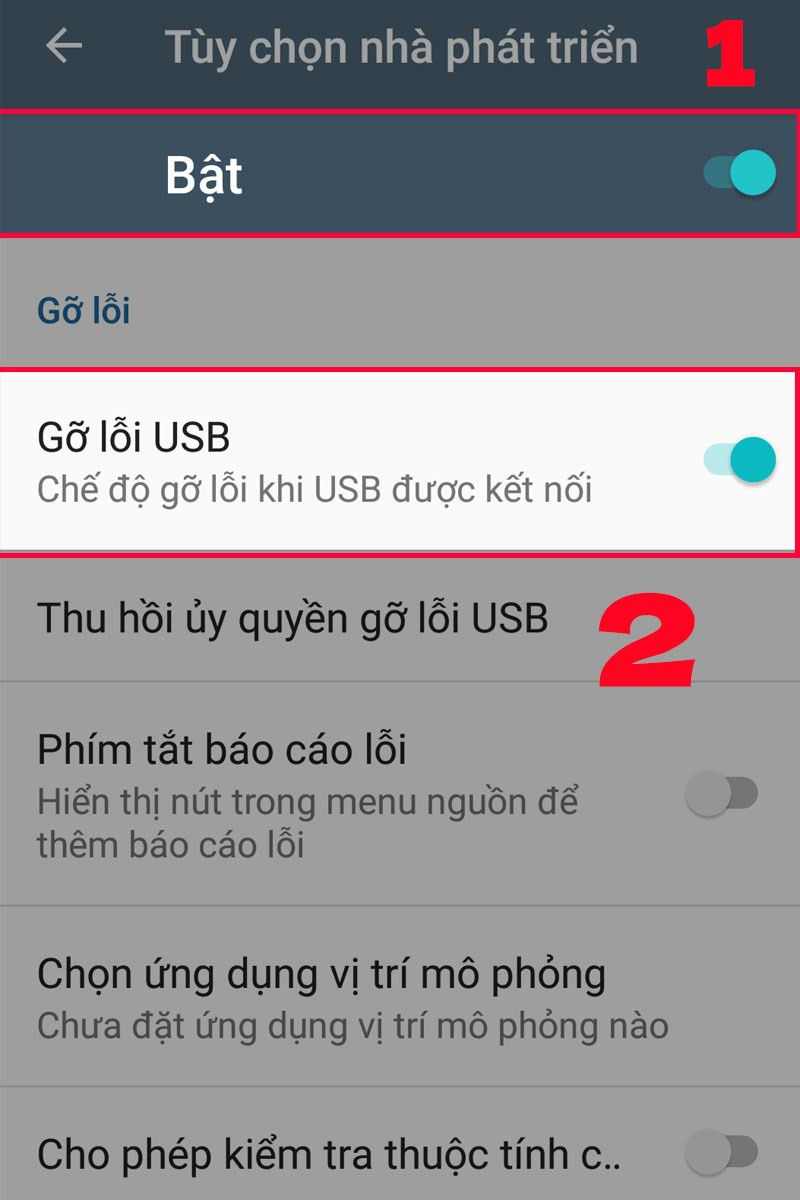 Kích hoạt tùy chọn nhà phát triển và gỡ rối USB