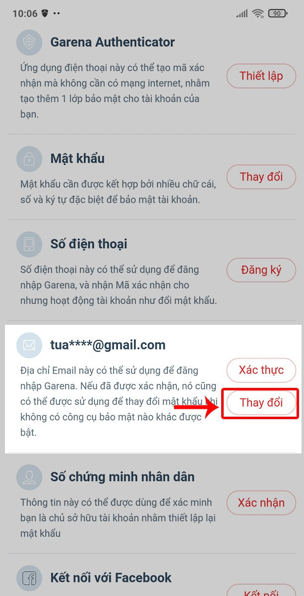 K&eacute;o xuống Email. Sau đ&oacute; chọn Thay đổi.