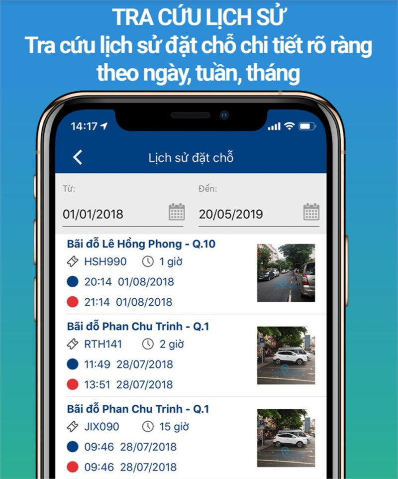Lịch sử bãi đỗ xe trên MyParking