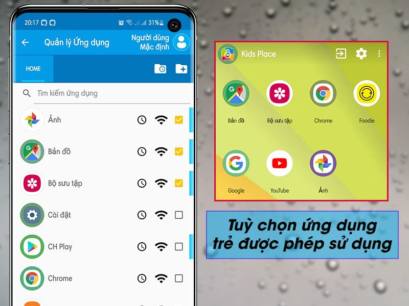 màn hình chủ với những ứng dụng trẻ được phép truy cập
