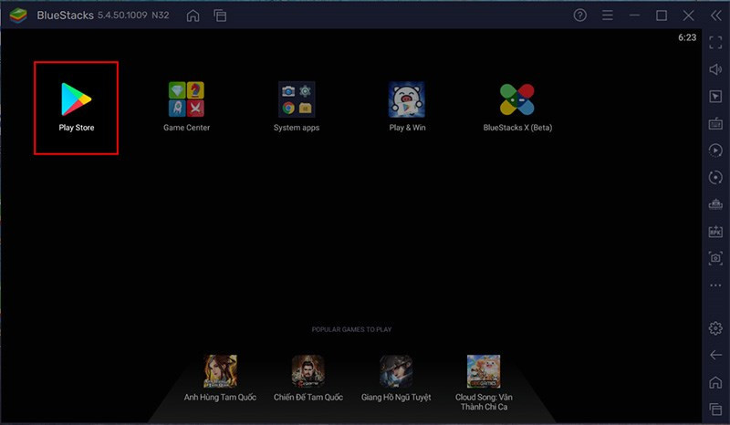 Mở BlueStacks trên máy tính, chọn Play Store