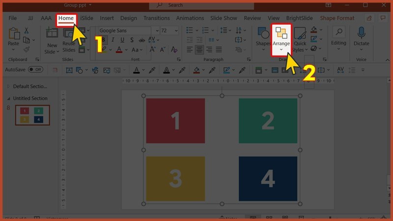 Mở Home, chọn Arrange