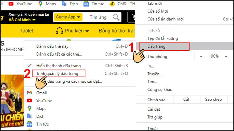 Mở trình quản lý dấu trang