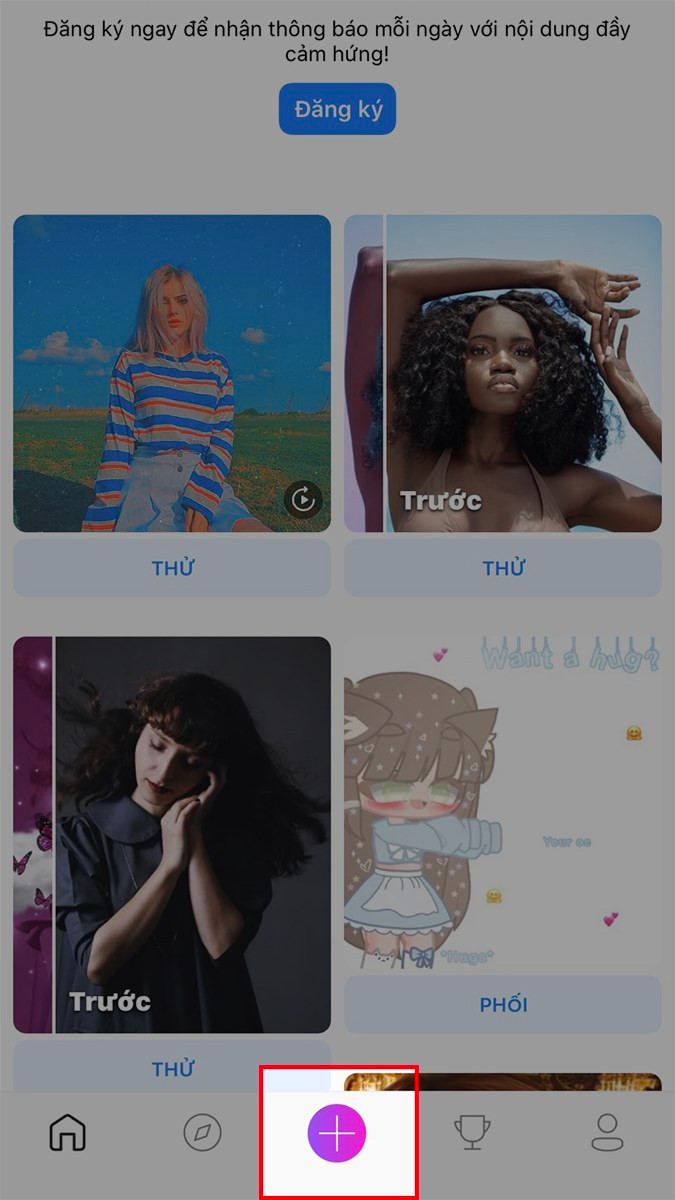 Mở ứng dụng PicsArt, nhấn vào biểu tượng dấu cộng màu tím và chọn ảnh