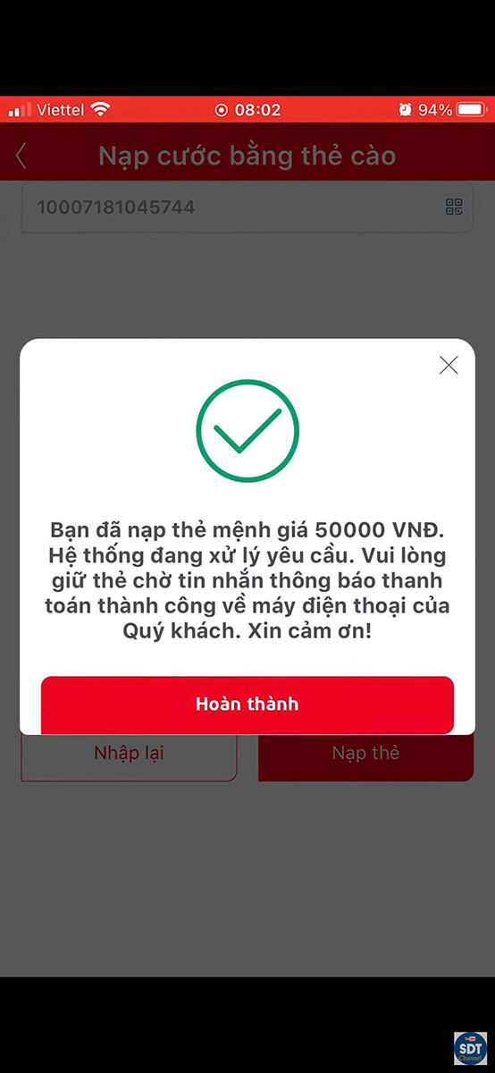 Nạp thẻ Viettel bằng m&atilde; QR th&agrave;nh c&ocirc;ng