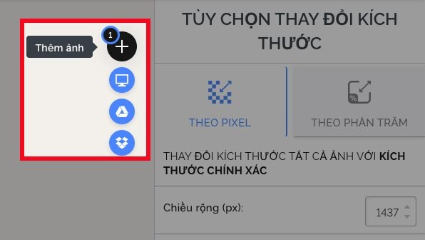 Ngo&agrave;i ra, để chỉnh k&iacute;ch thước của nhiều ảnh c&ugrave;ng l&uacute;c, bạn chỉ cần nhấn v&agrave;o biểu tượng dấu cộng ở b&ecirc;n phải để th&ecirc;m ảnh từ m&aacute;y t&iacute;nh, Google Drive hoặc Dropbox