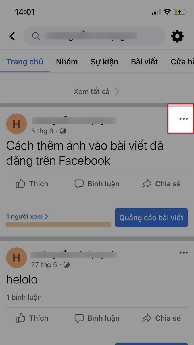 Nhấn biểu tượng ba chấm trên bài viết Facebook