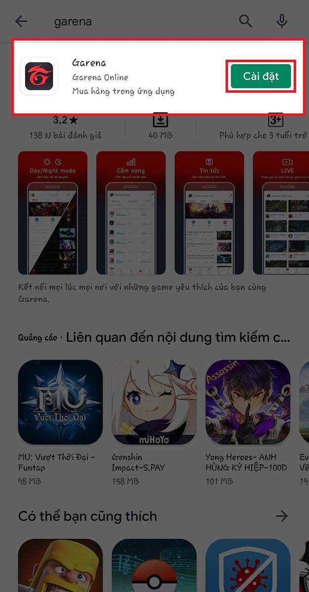  nhấn Cài đặt để tải Garena về điện thoại