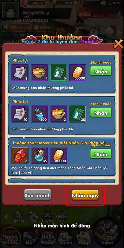 Nhận quà trong game.