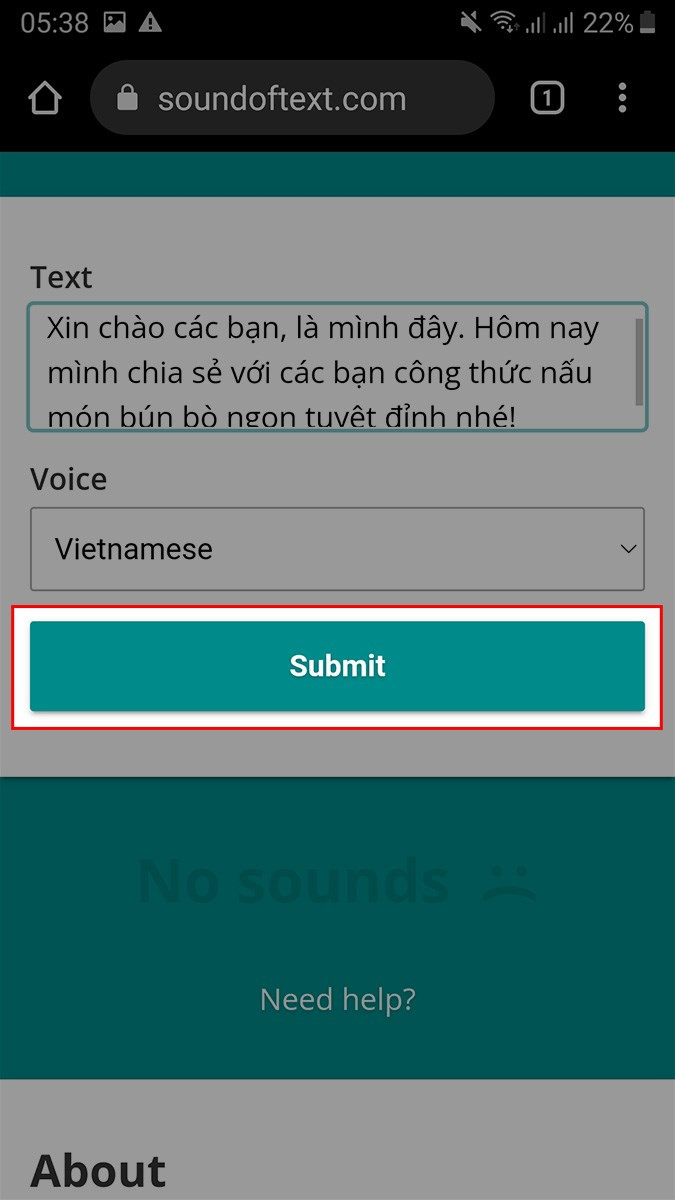 Nhấn Submit để tạo file âm thanh