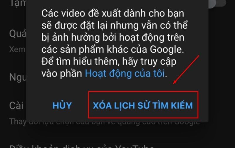 Nhấn X&oacute;a lịch sử t&igrave;m kiếm 