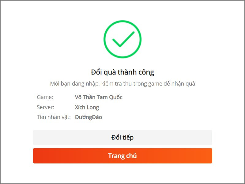 Nhập code đổi quà thành công