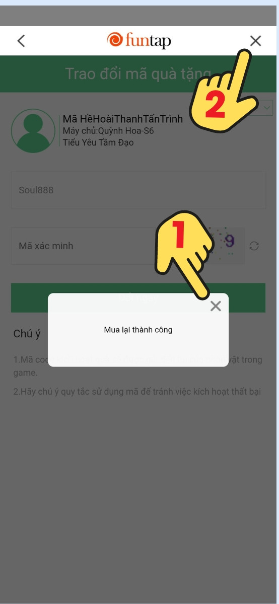 Nhập code thành công > Bấm X để quay về màn hình game