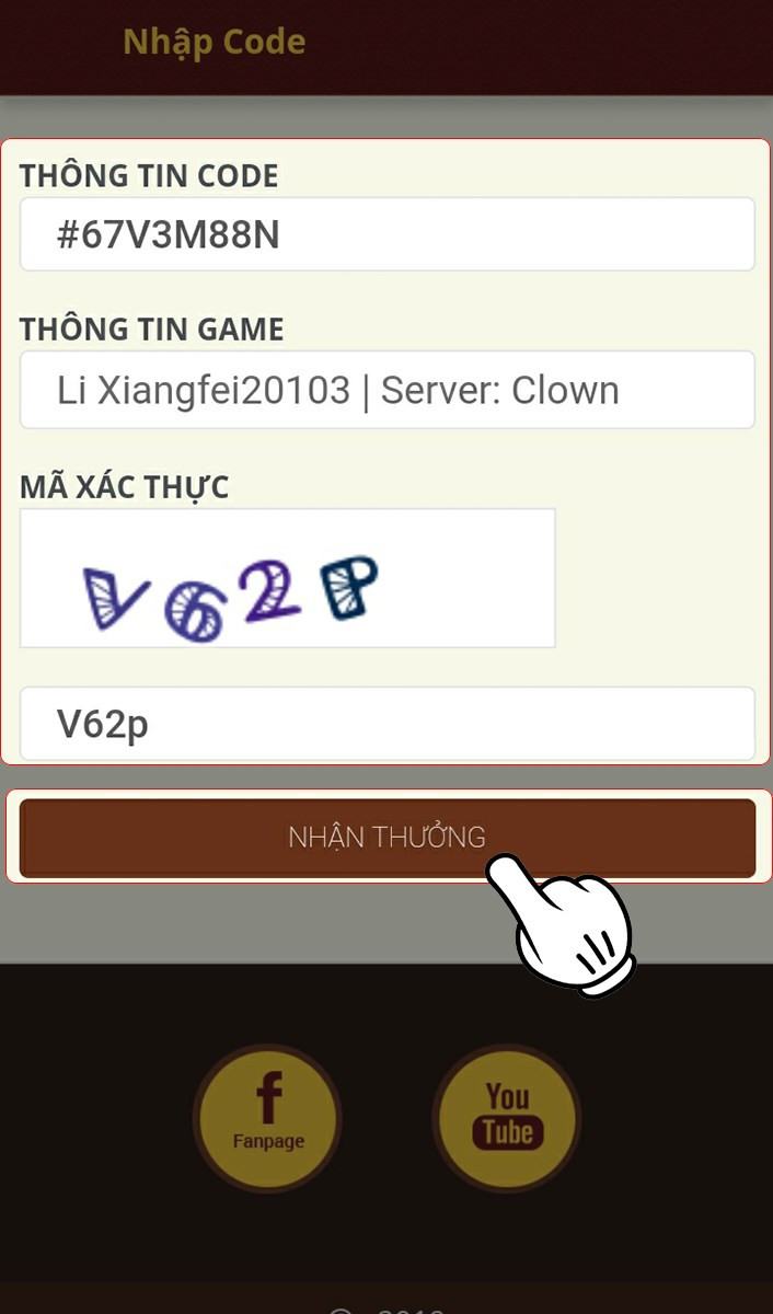 Nhập code, thông tin game, mã xác nhận và nhấn Nhận Thưởng