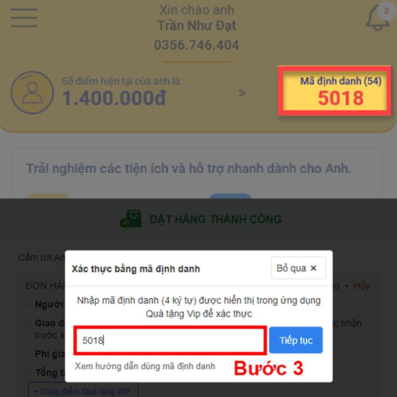 Nhập mã định danh khi mua hàng online