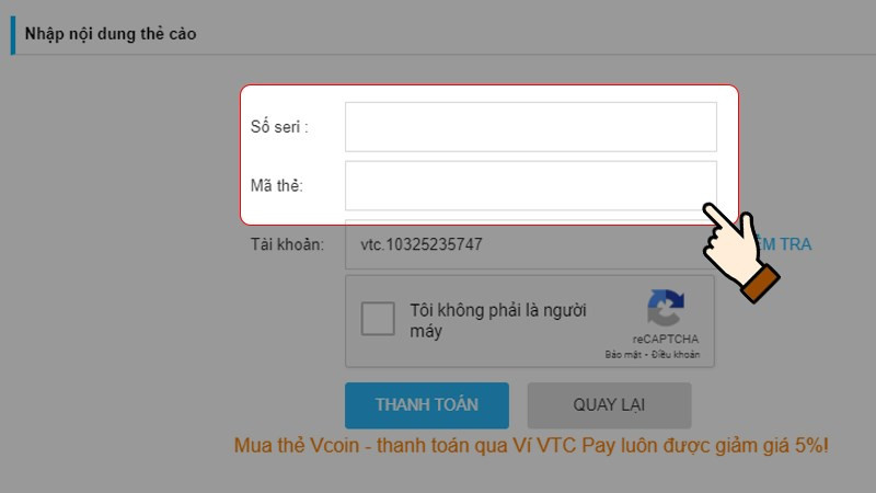 Nhập seri và mã thẻ