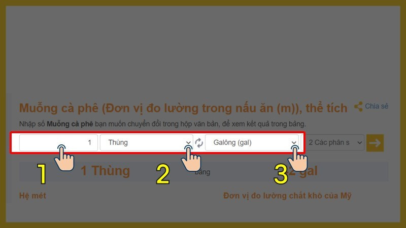 Nhập số lượng muốn chuyển > Chọn đơn vị là Thùng thuộc hệ đo lường chất lỏng Mỹ