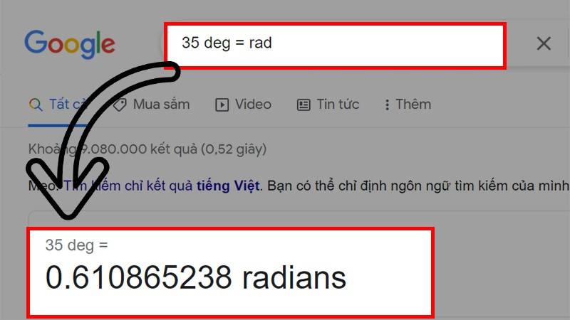 Nhập theo c&uacute; ph&aacute;p &quot;35 deg = rad&quot; rồi nhấn Enter