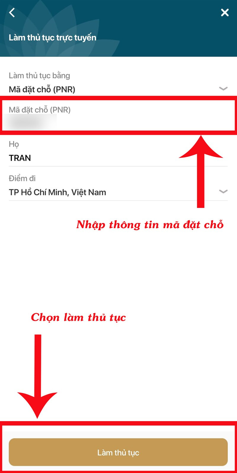 Nhập th&ocirc;ng tin m&atilde; đặt chỗ