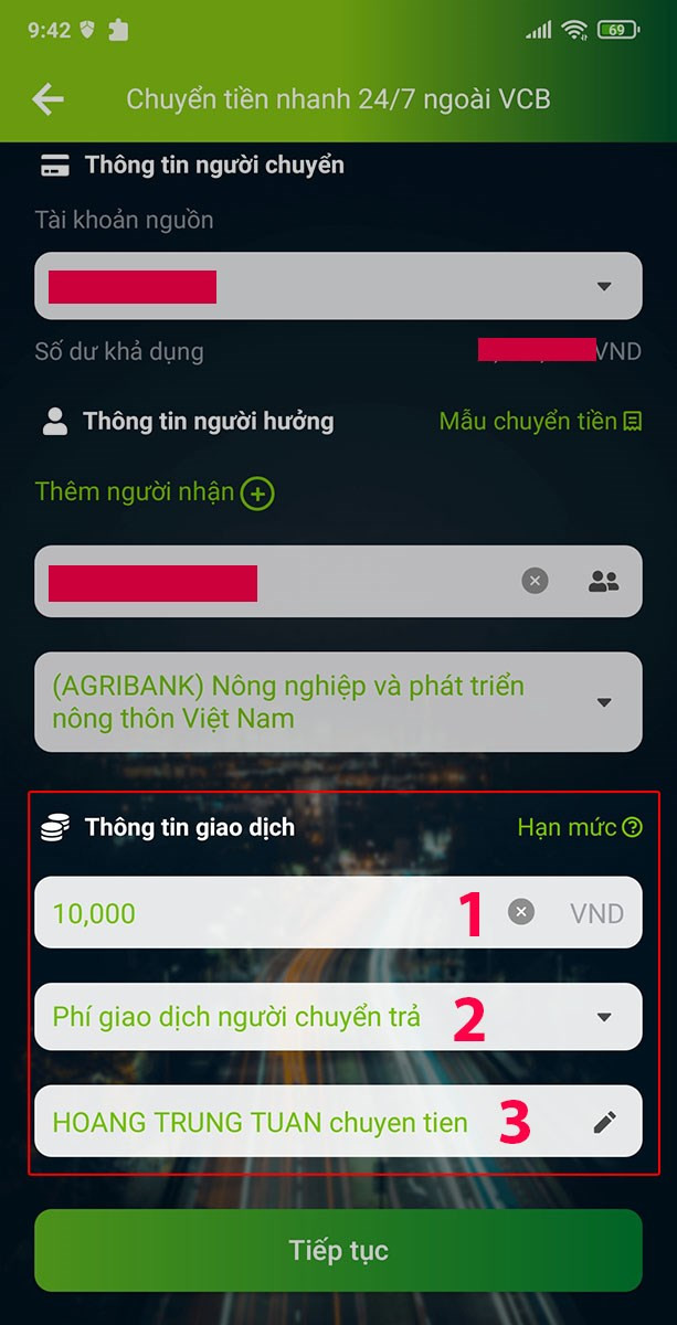 Nhập thông tin giao dịch