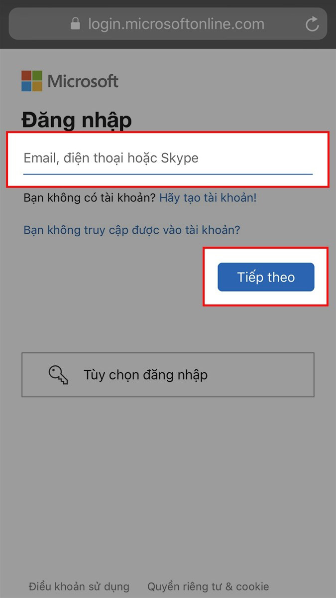 Nhập thông tin tài khoản Microsoft Teams