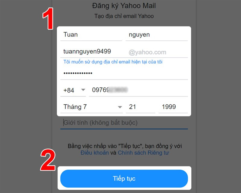 Nhập thông tin tài khoản Yahoo Mail